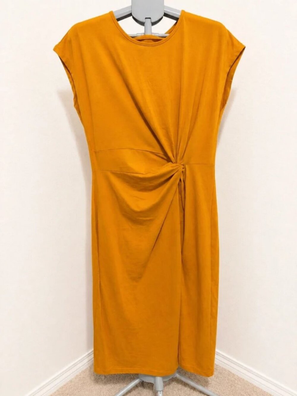 Mustard Gold Twist Front Midi Dress – Soft Stretch